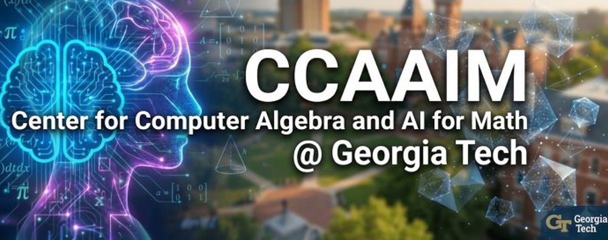 CCAAIM, Center for Computer Algebra and AI for Math at Georgia Tech, over a stylized digital brain and campus background.