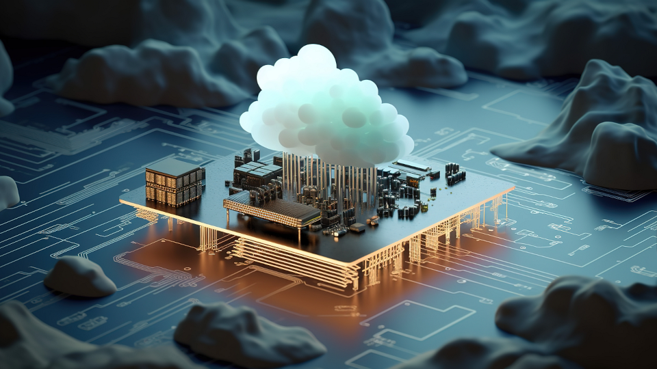 Computer chip with cloud above it on circuit board surrounded by mountains