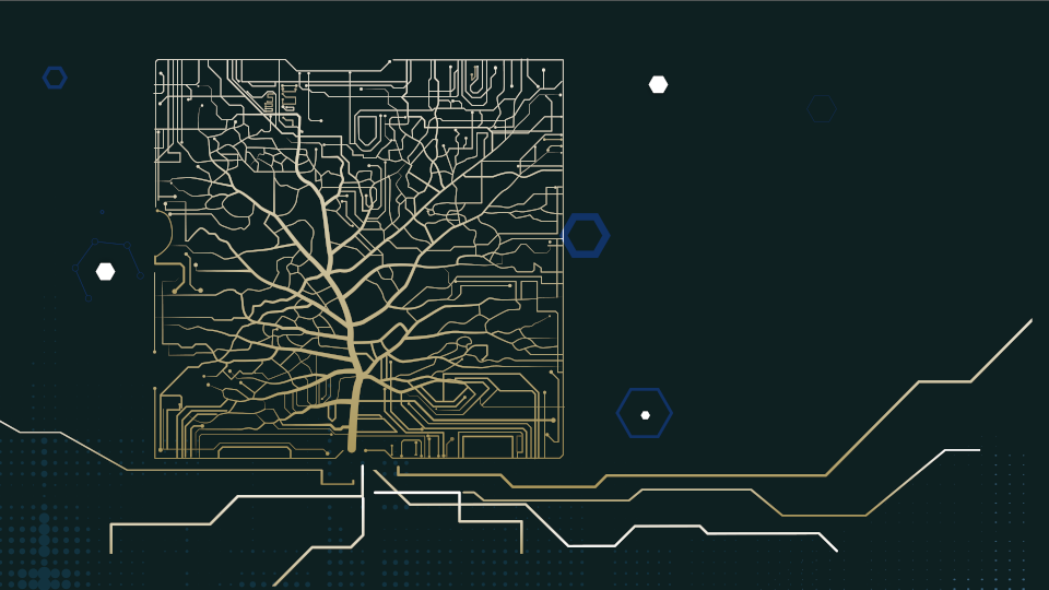 Abstract image of a computer chip with circuits that form a tree-list shape